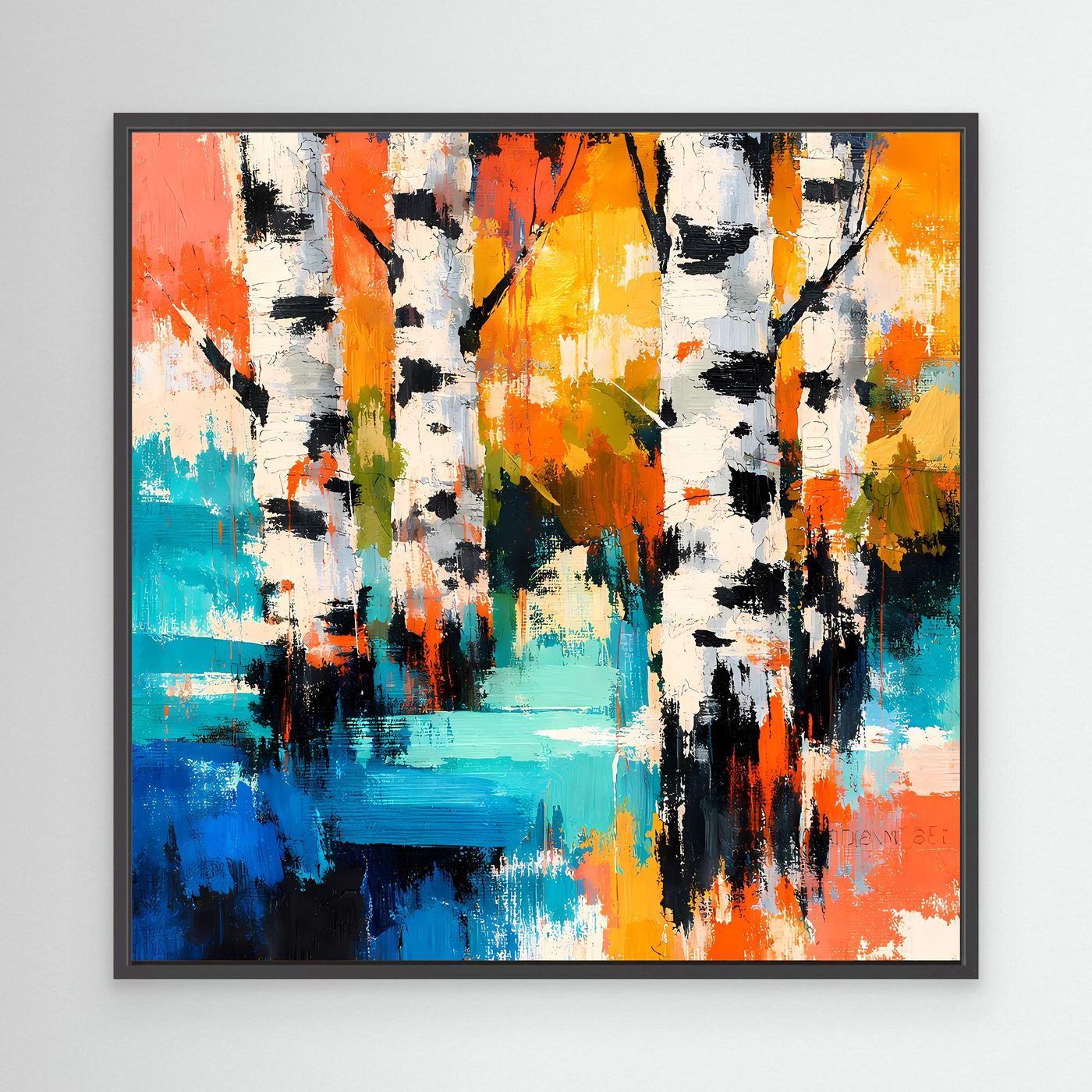Abstract birch tree canvas wall art with black frame and bright paint splashes