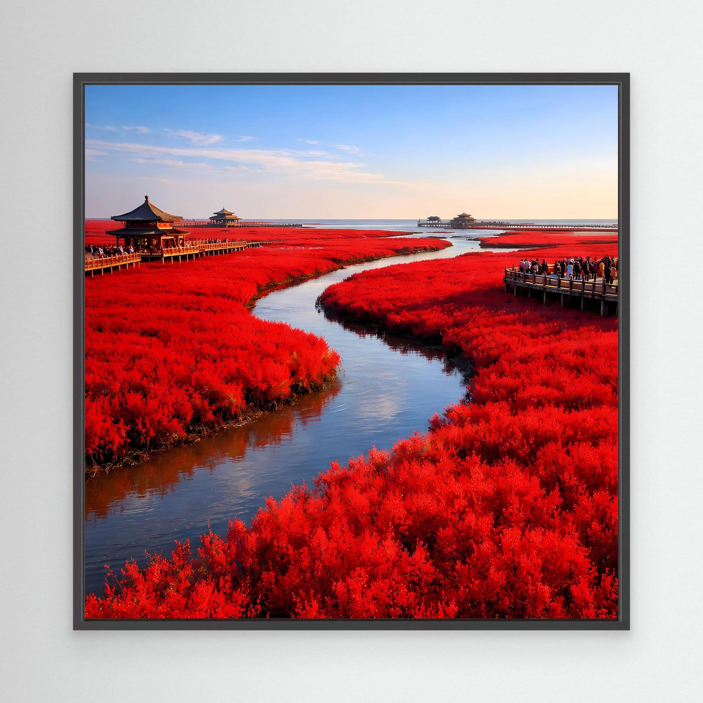 Leinwandbild mit schwarzem Rahmen: roter Fluss durch rote Pflanzen, Stege rechts und links