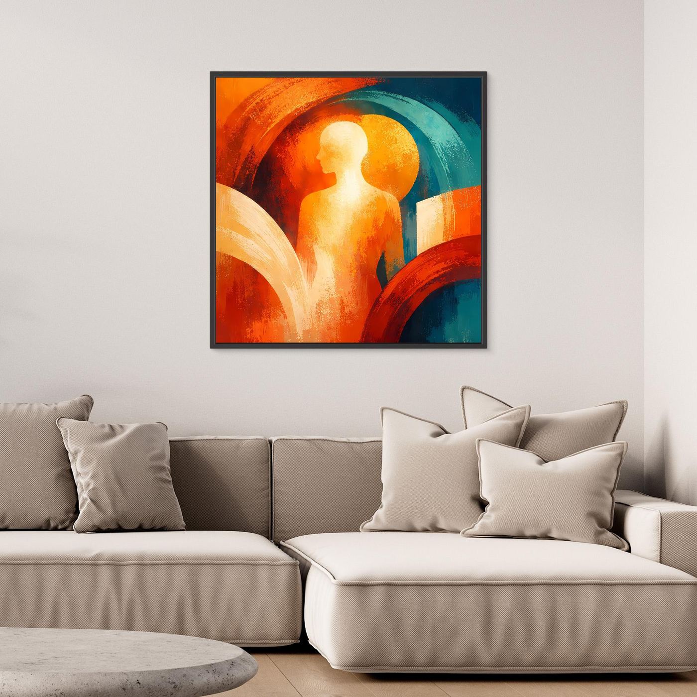 Abstraktes Leinwand-Wandbild mit Silhouette und farbigen Bögen in Orange, Rot, Türkis und Blau