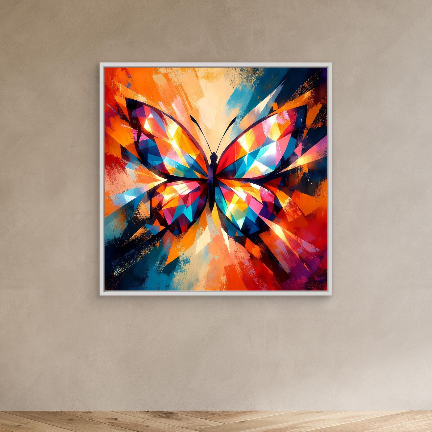 Leinwand-Wandbild: bunter Schmetterling in geometrischem Design, weißer Rahmen