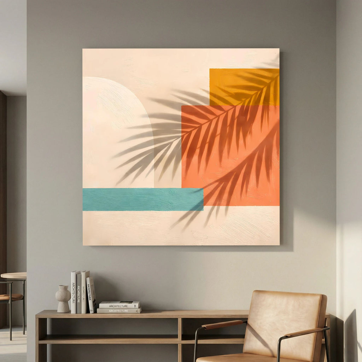 Leinwand Abstrakte Geometrie mit Palmenschatten | Modernes Boho Wandbild Terracotta