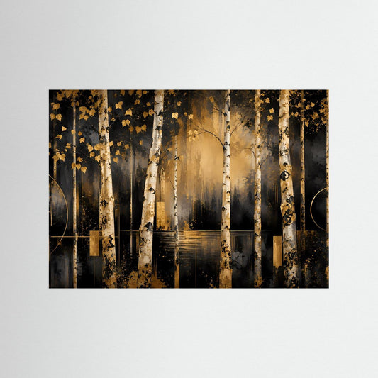 Poster im Querformat mit Birkenwald, dunklem Hintergrund und goldenen Blättern, schwarzer Rahmen.