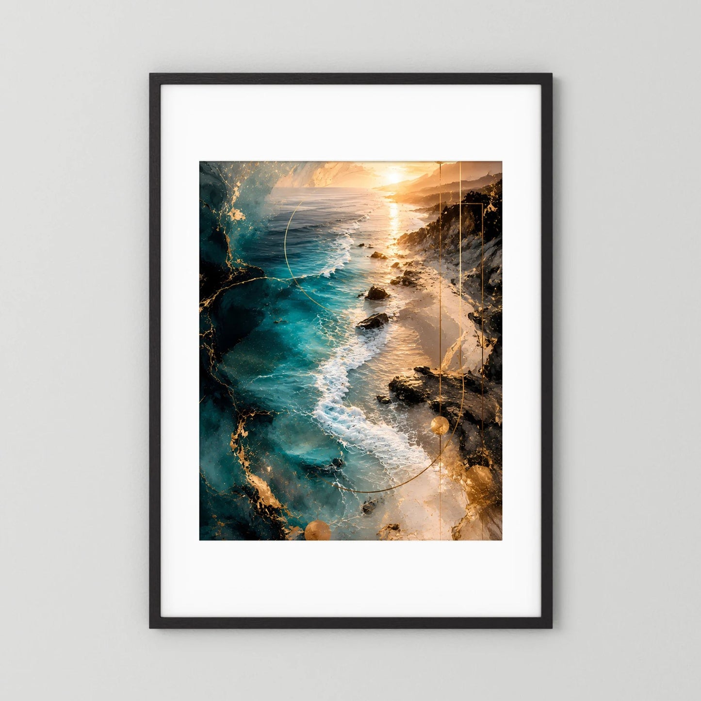 Gerahmtes Hochformat-Poster mit schwarzem Rahmen und weißem Passepartout, türkis-golden
