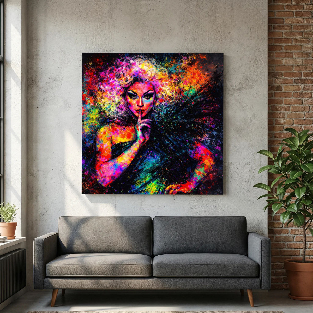Leinwandbild: Pop-Art-Drag-Queen-Porträt in knalligen Farben, auf Keilrahmen