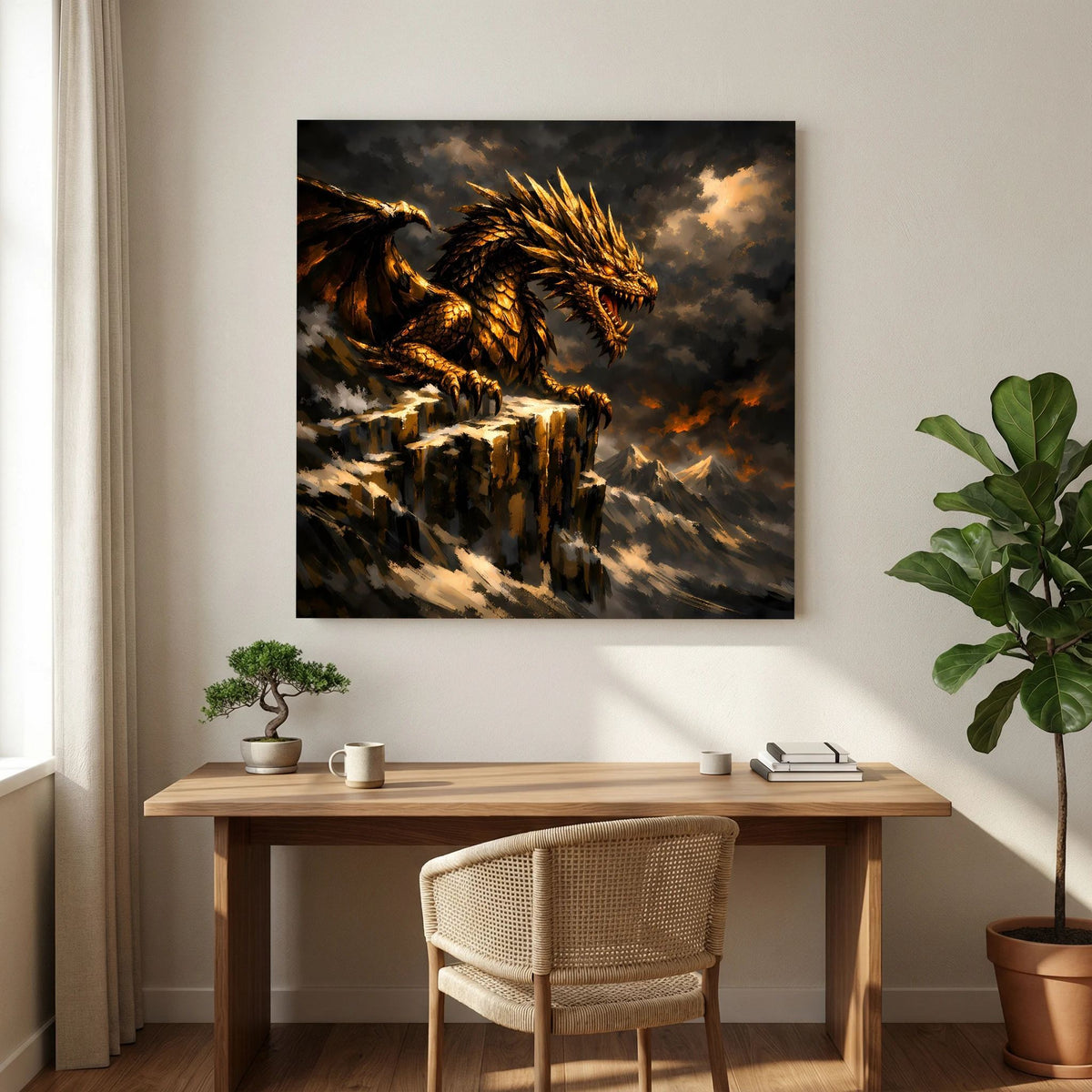 Golden beschuppter Drache auf Felsklippe, stürmische Wolken, auf schwarzem Keilrahmen