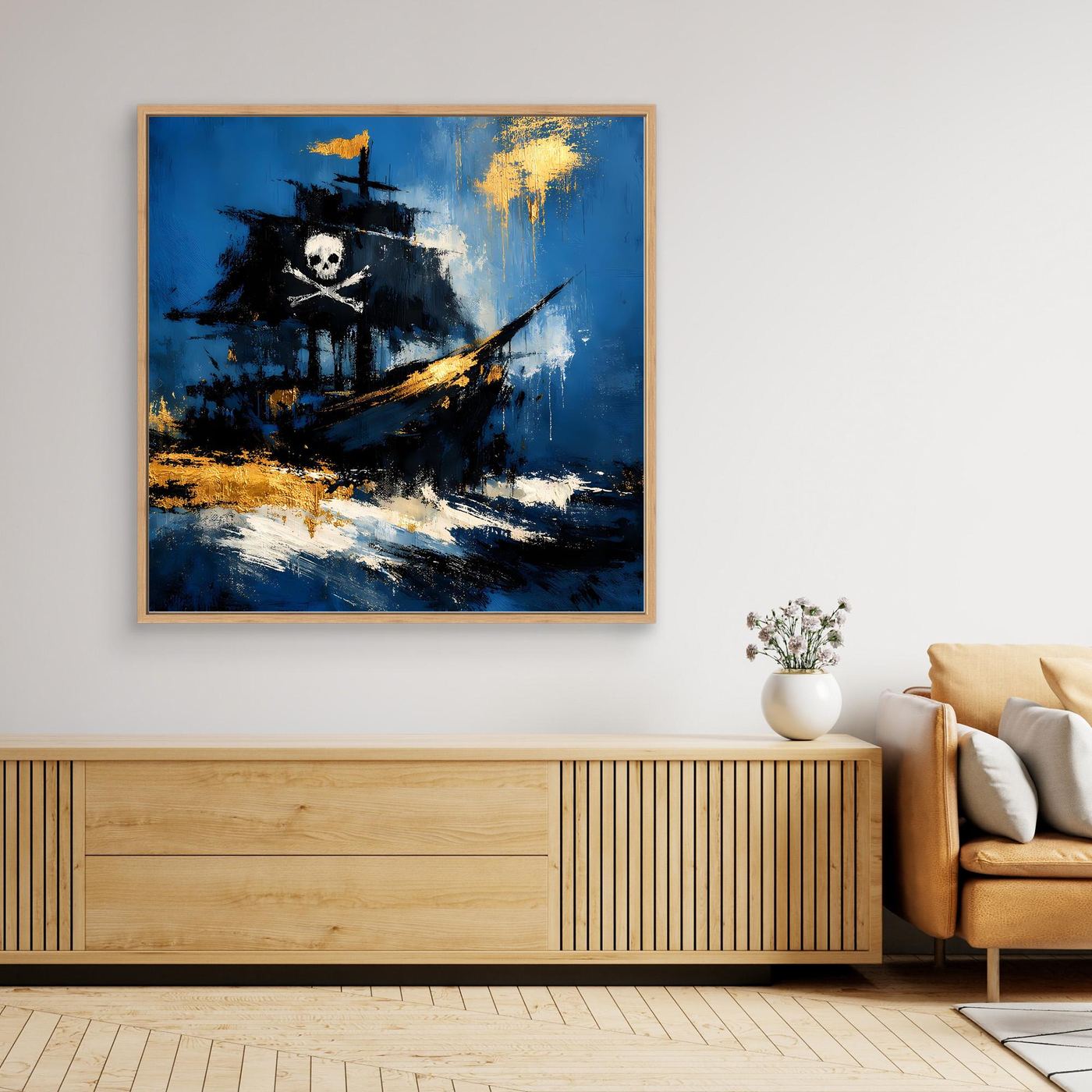 Gerahmtes Piratenschiff-Wandbild mit Totenkopf, Segelboot und blau-goldener Farbfläche