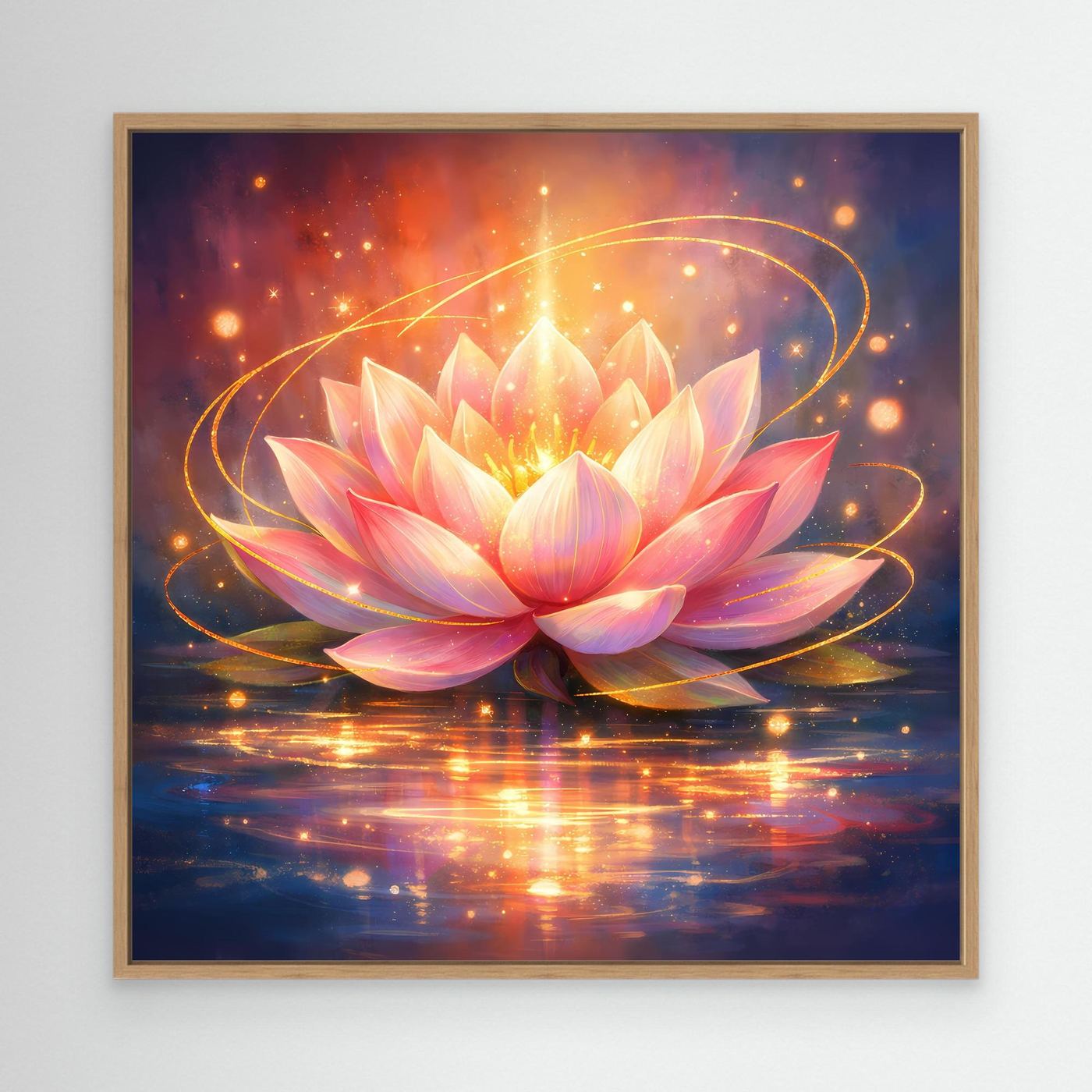 Leinwandbild Lotusblüte mit Lichtlinien, rosa Blüten, Goldrahmen