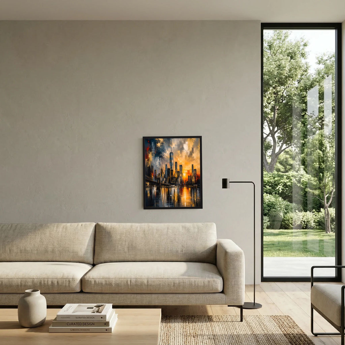 Gerahmtes Poster mit Skyline in Gold, Schwarz und Orange, Lichter spiegeln sich