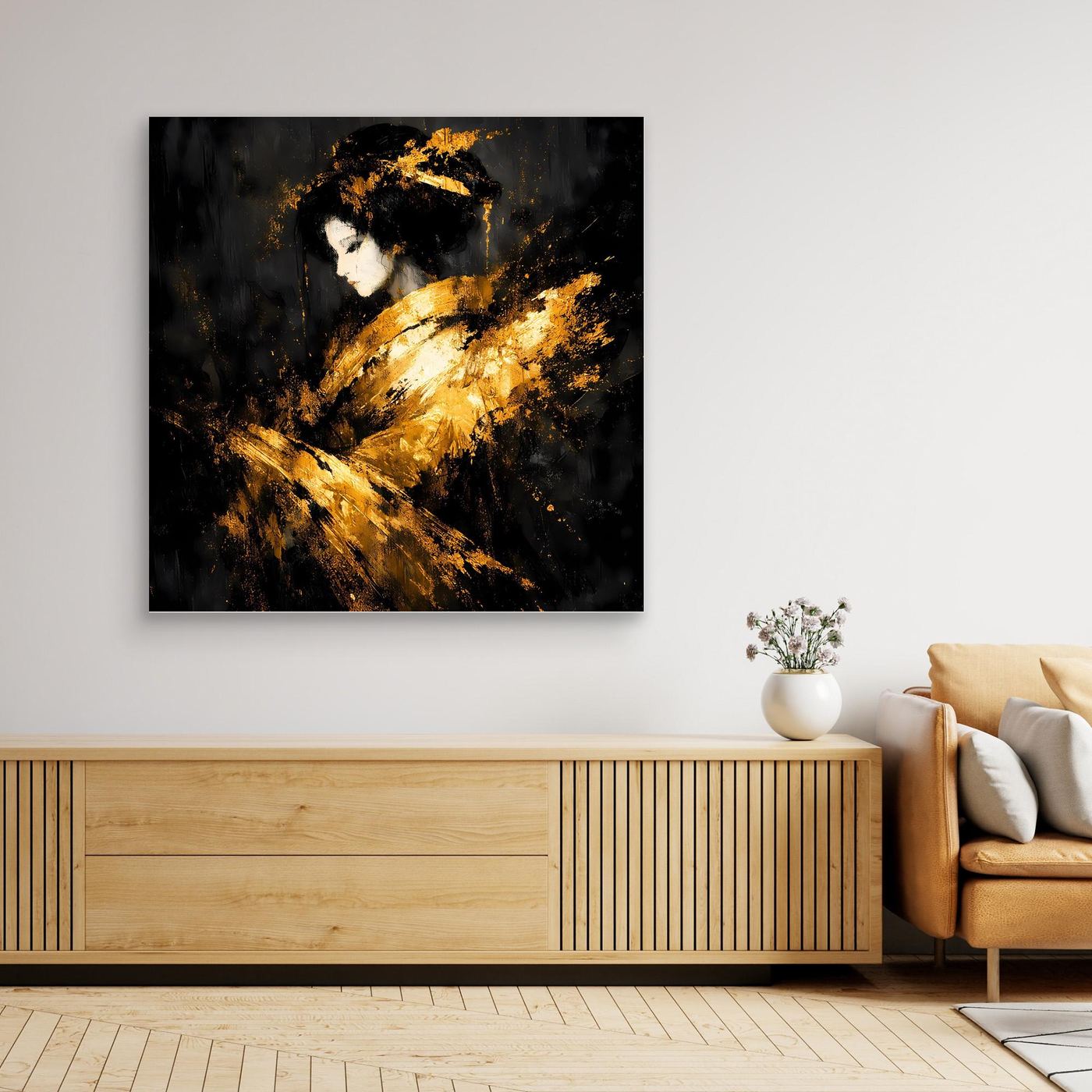 Leinwand Elegante Goldene Geisha | Abstraktes Asiatisches Wandbild