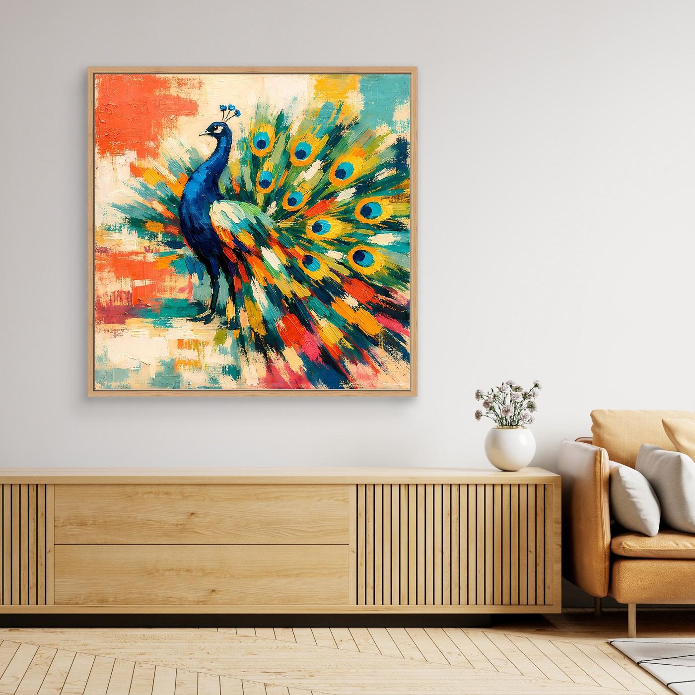 Peacock abstract canvas wall art with wood-tone frame, multicolor feather fan