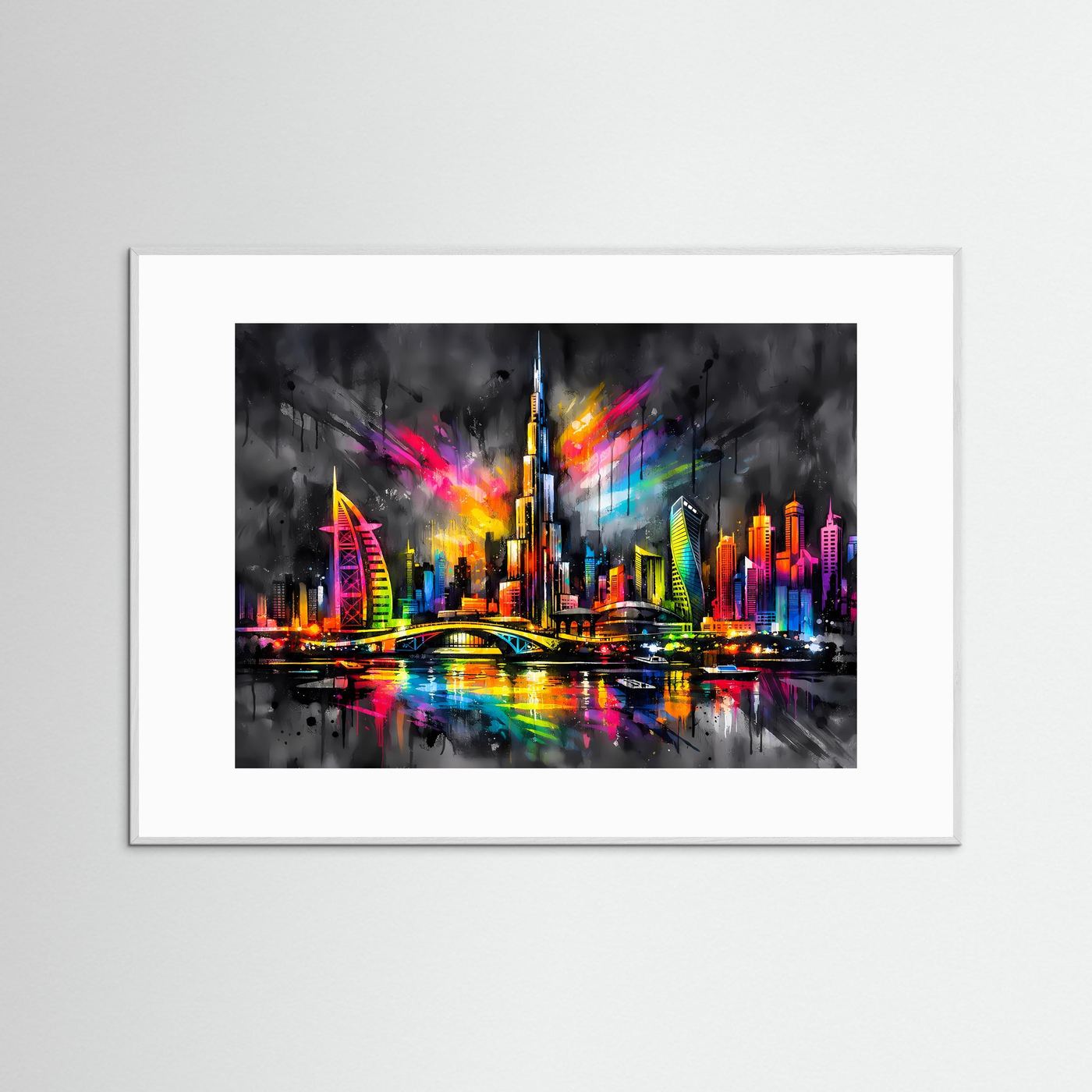 Gerahmtes Neon-Stadtbild mit farbenfroher Skyline bei Nacht, weißer Rahmen, Querformat