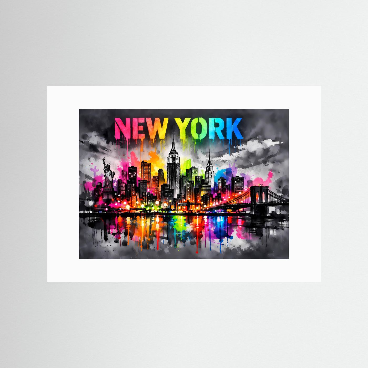 Neon-Splash-Poster mit New-York-Skyline und Schriftzug „NEW YORK“ mit weißem Rand.