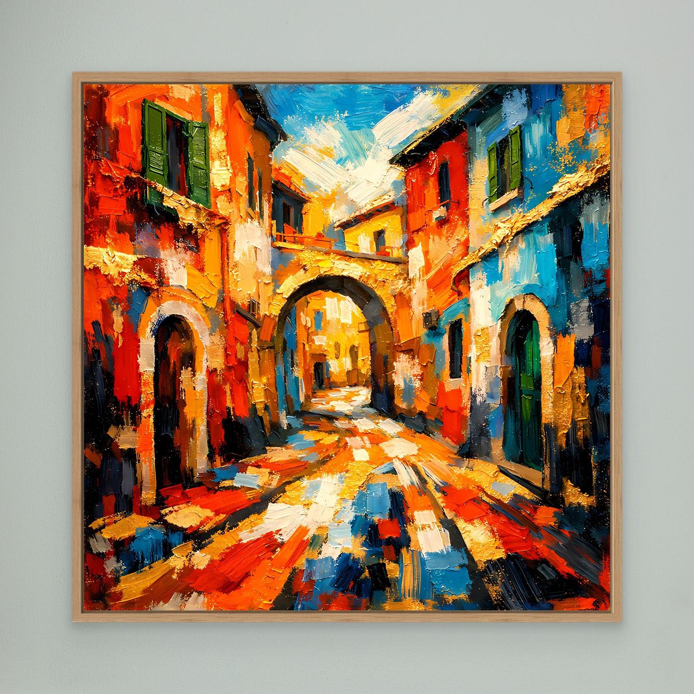 Leinwandbild mediterrane Gasse mit hellem Holzrahmen, farbige Häuser und Kopfsteinpflaster, abstrakt