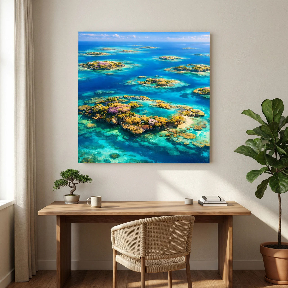 Quadratisches Leinwandbild auf Holzkeilrahmen mit tropischem Atoll, türkisblaues Meer und Inseln