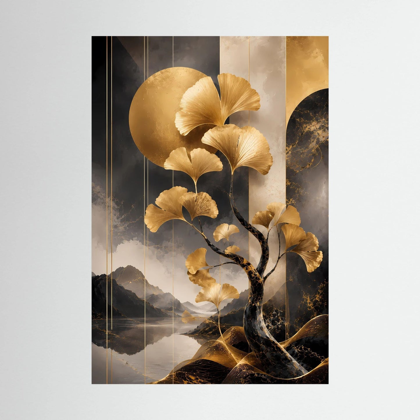 Hochformat-Poster mit goldenem Ginkgobaum und goldenen Blättern vor dunkler Bergszene