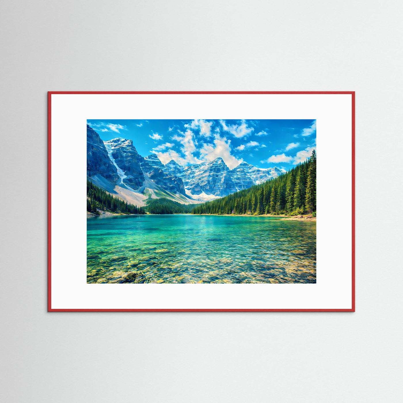 Landschafts-Wandbild mit türkisblauem See und Bergen, weißer Rahmen mit rotem Rand