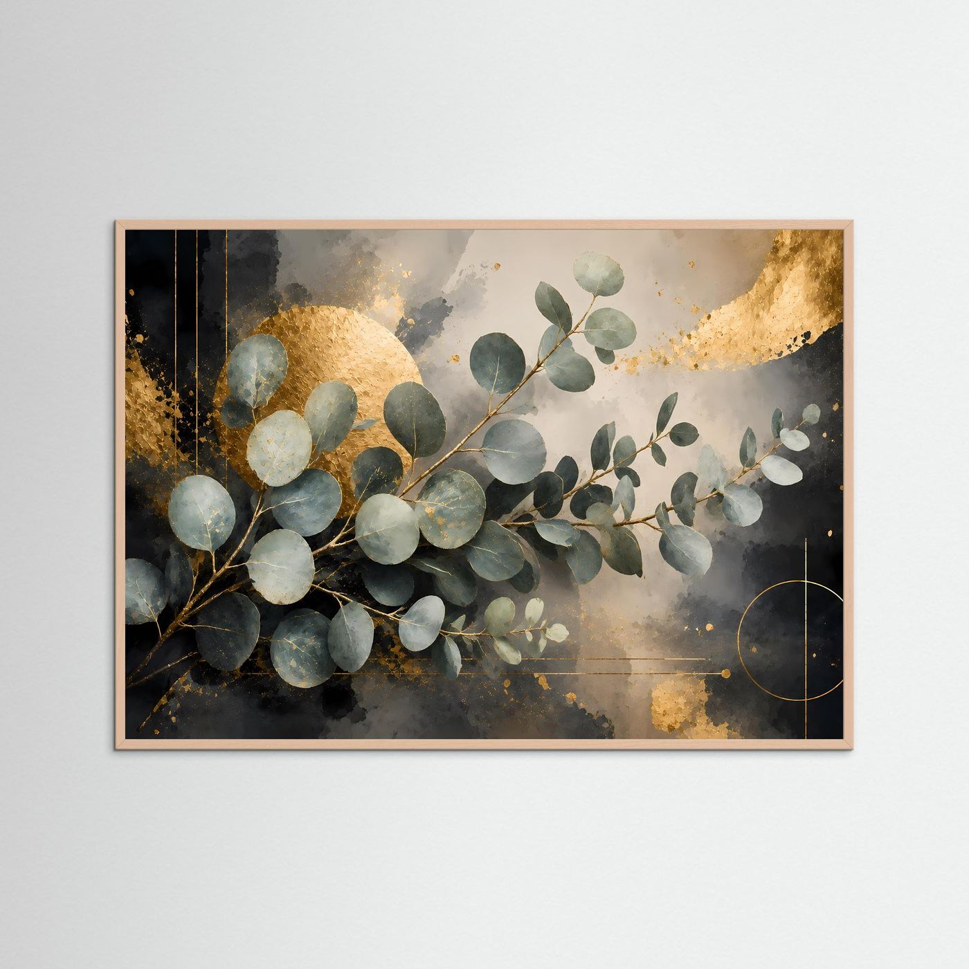 Eukalyptus-Botanikposter im Querformat, schwarz-gold, mit rosafarbenem Holzrahmen