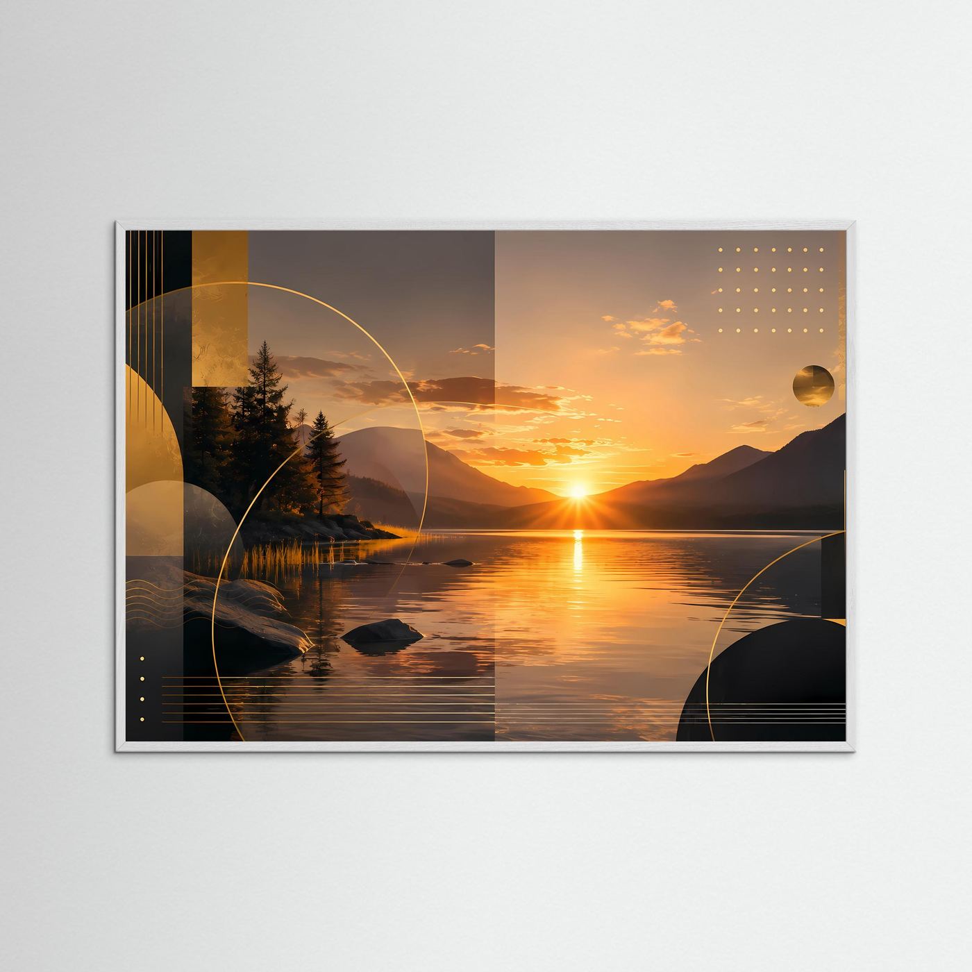 Querformat-Poster mit abstrakter Sonnenuntergangslandschaft, weißem Rahmen