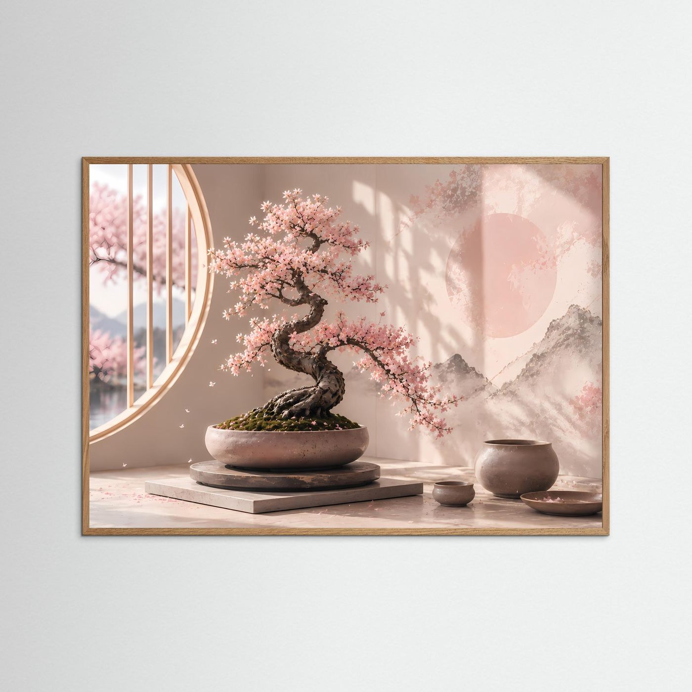 Poster im Querformat mit Bonsai und Kirschblüten in Pastellrosa, natur Eichenrahmen