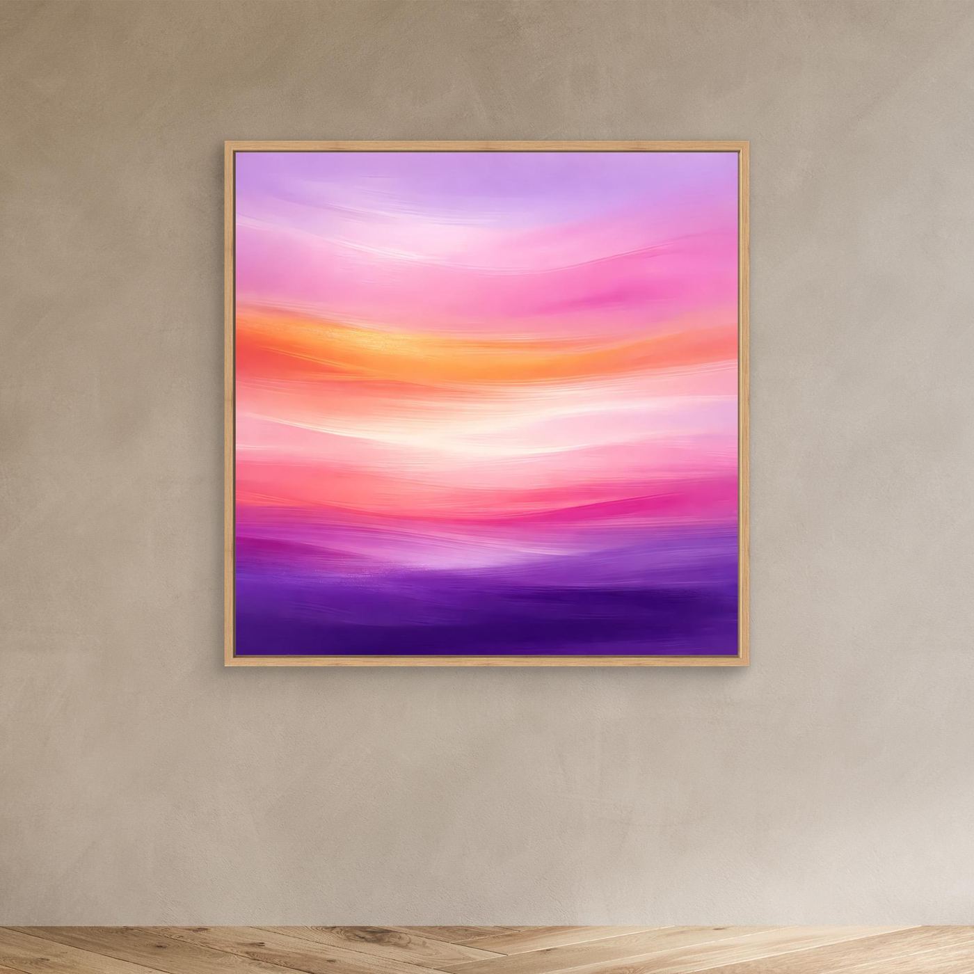 Abstraktes Leinwandbild mit Horizont in Abendrot-Tönen, violett/pink im Eichenrahmen