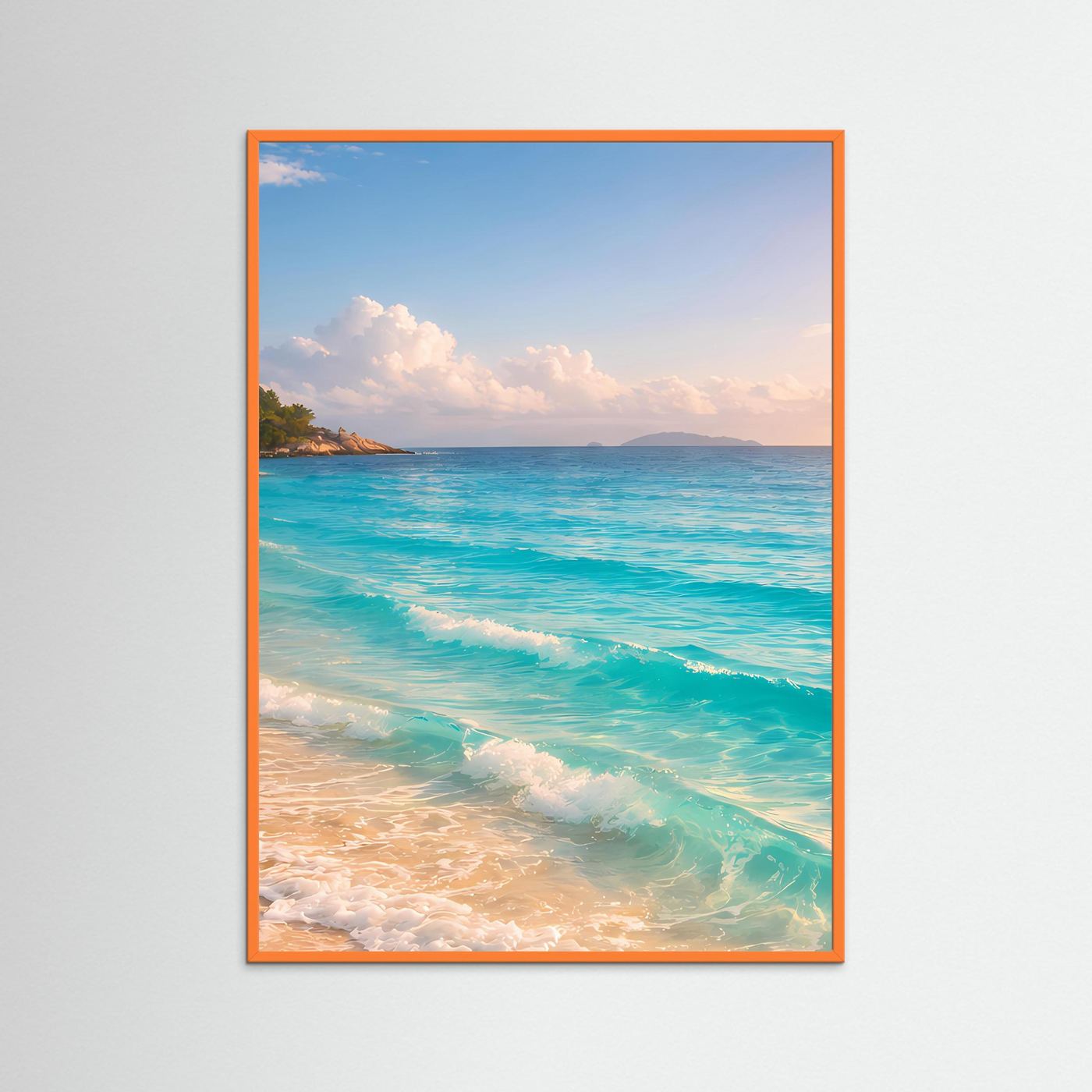 Gerahmtes Poster: tropischer Sandstrand und türkisfarbenes Meer, orangefarbener Rahmen