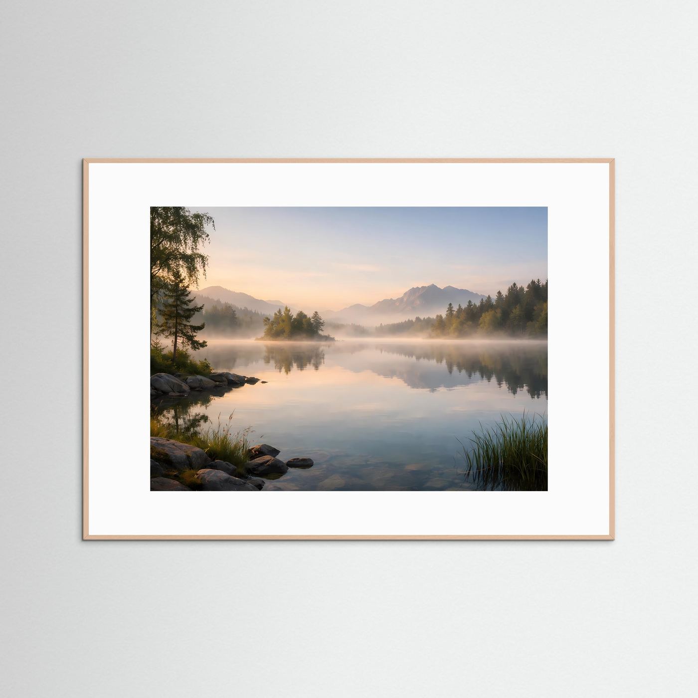 Panoramaposter mit Berglandschaft und Nebel, Ufer mit Gras, heller Holzrahmen