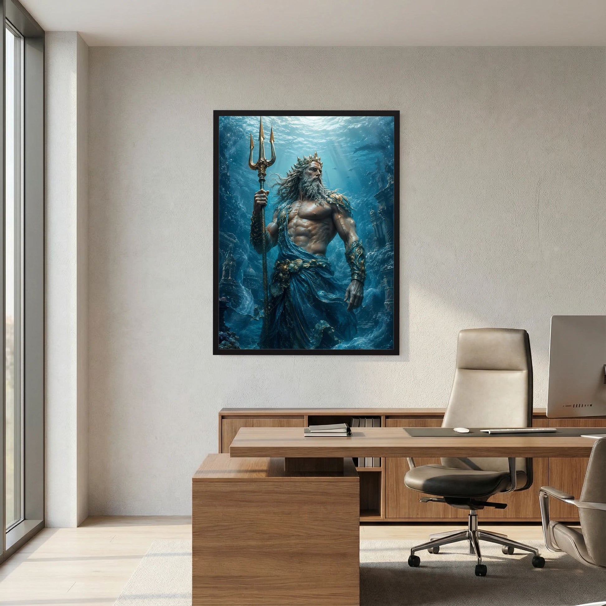 Wandposter mit Poseidon und Dreizack in blauer Unterwasserwelt, dunkler Rahmen