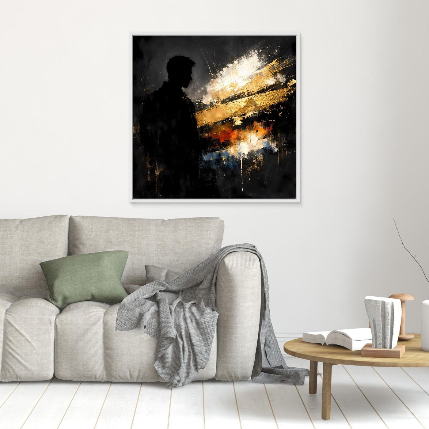 Leinwand Markante Silhouette in Gold und Schwarz | Modernes Abstraktes Männer Portrait Wandbild