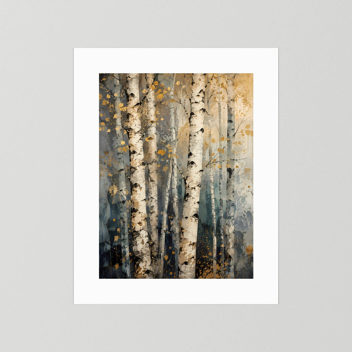 Hochformatiger Posterprint mit abstrakten Birkenstämmen in Beige, Grau und Blau, weißer Rand