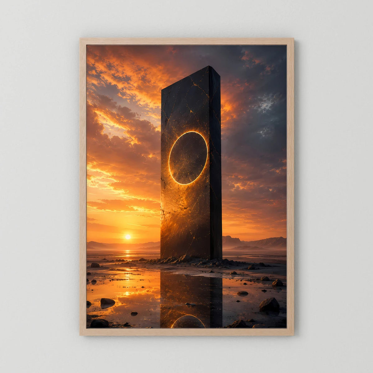 Hochformat-Poster im hellbraunen Holzrahmen, Monolith mit goldenem Portal bei Sonnenuntergang.