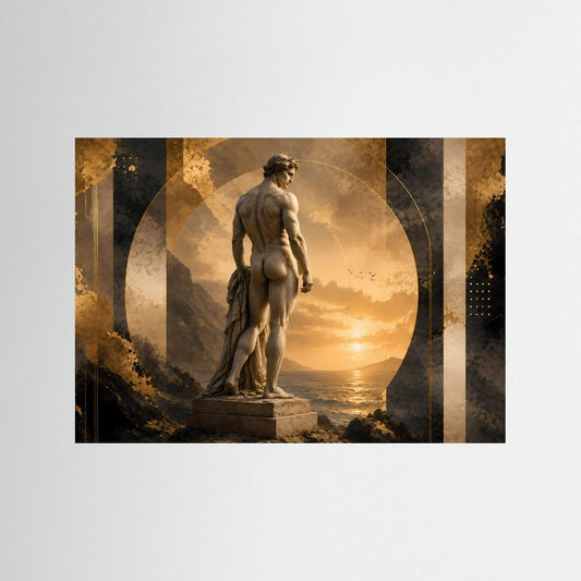 Poster im Querformat mit antiker Männerstatue auf Sockel in Gold und Dunkelfarben