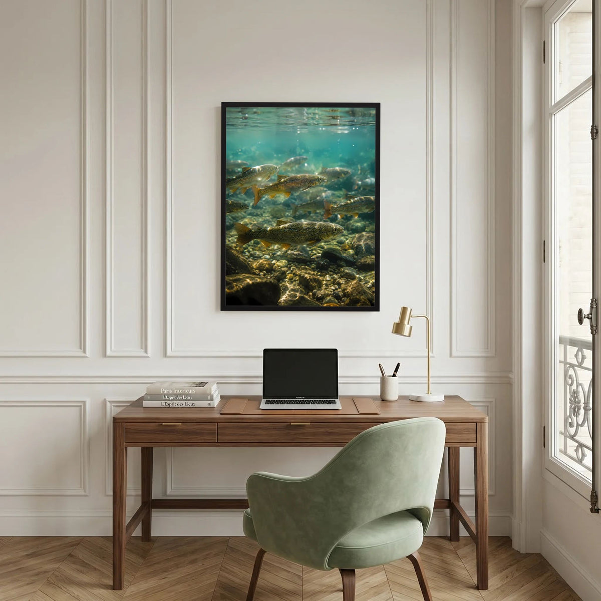 Poster mit Unterwasser-Szene und Forellen im schwarzen Rahmen an der Wand.