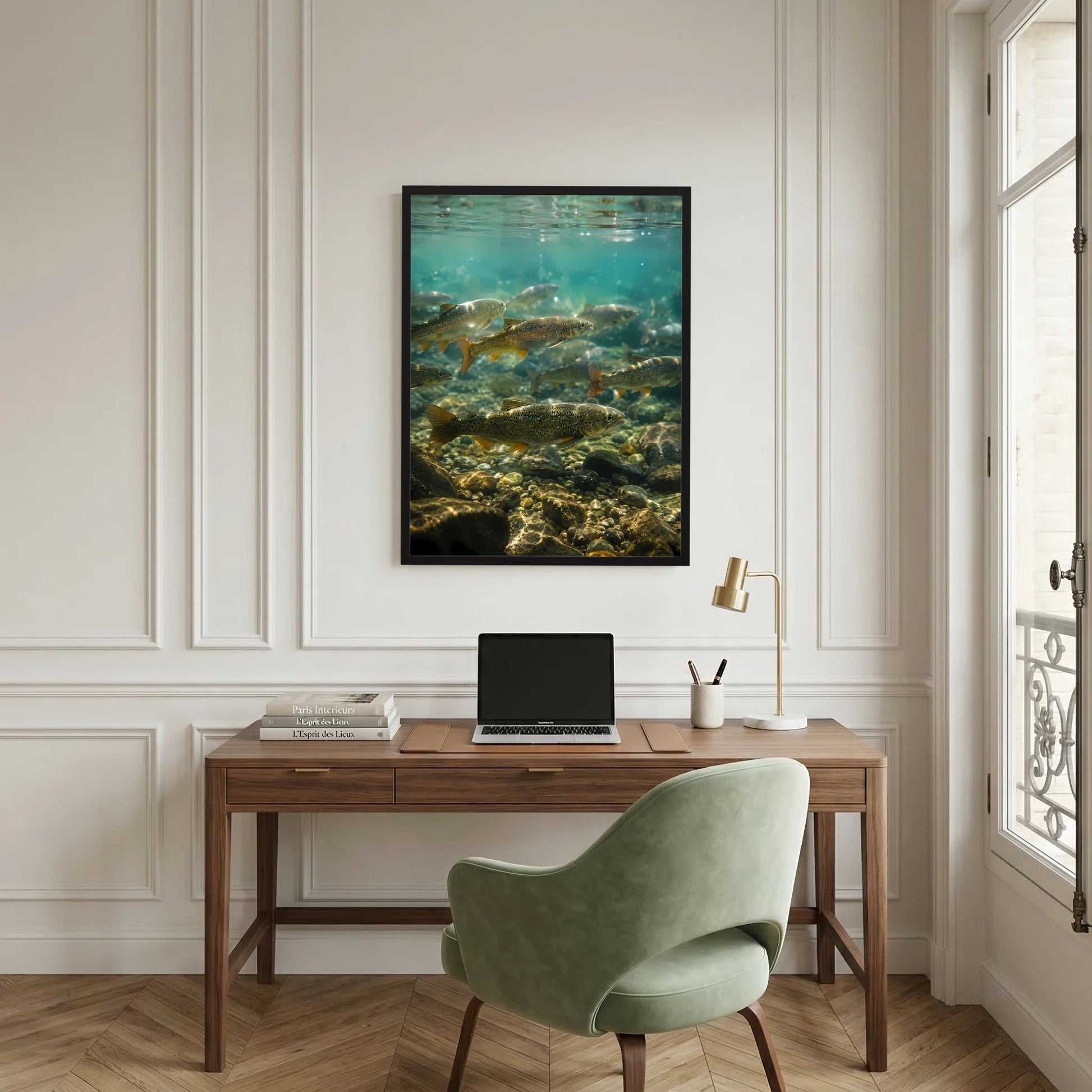 Poster mit Unterwasser-Szene und Forellen im schwarzen Rahmen an der Wand.
