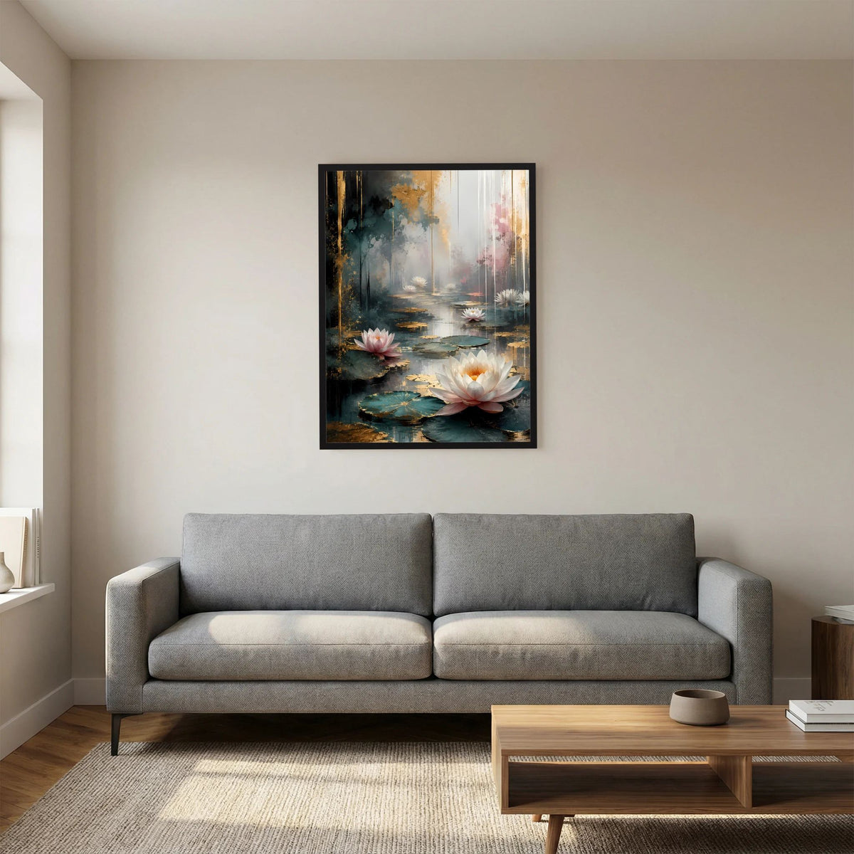 Wandposter im Hochformat mit Wasserlilien in Weiß und Rosa, dunkler Rahmen