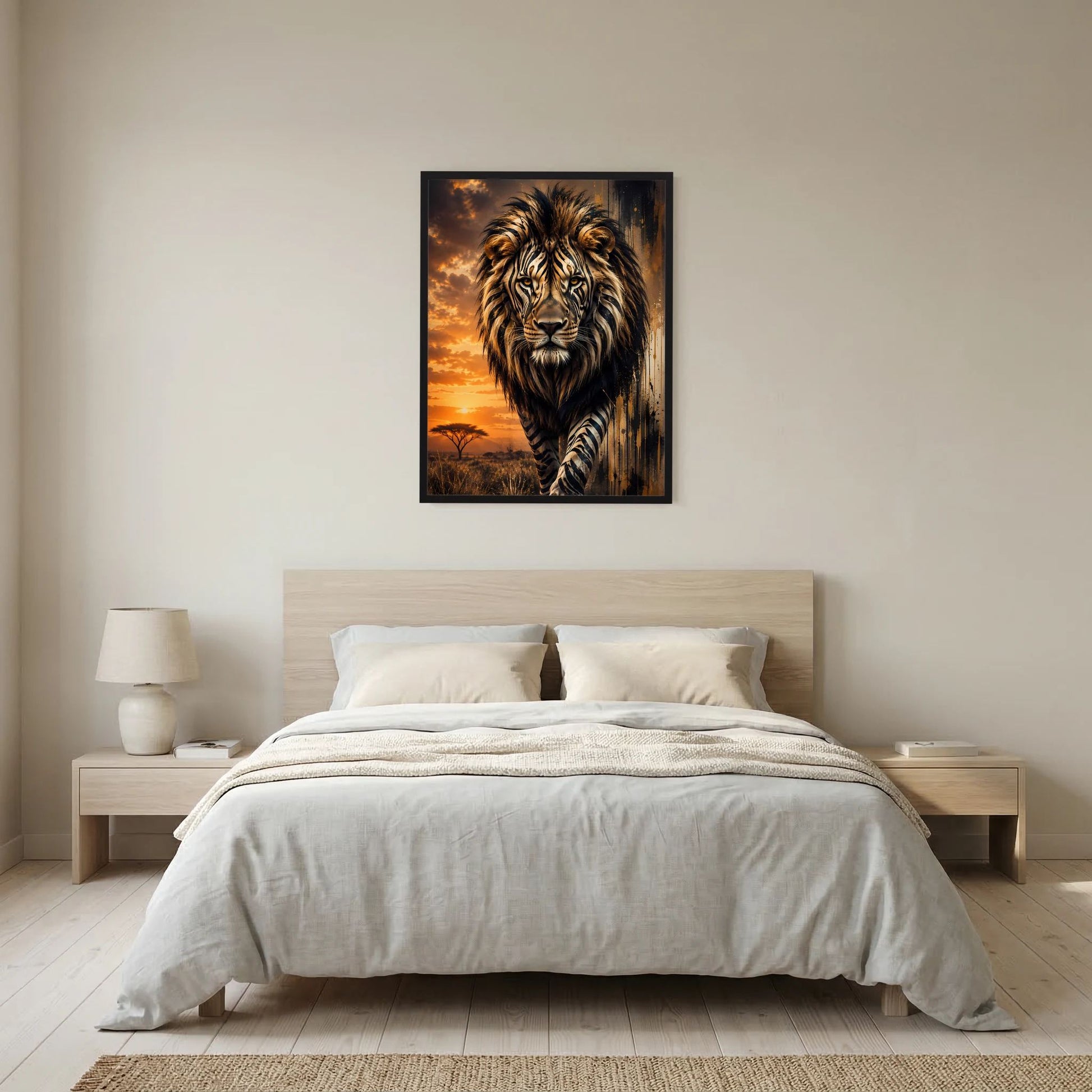 Löwenposter im Hochformat mit Zebramuster, schwarzer Einfassung