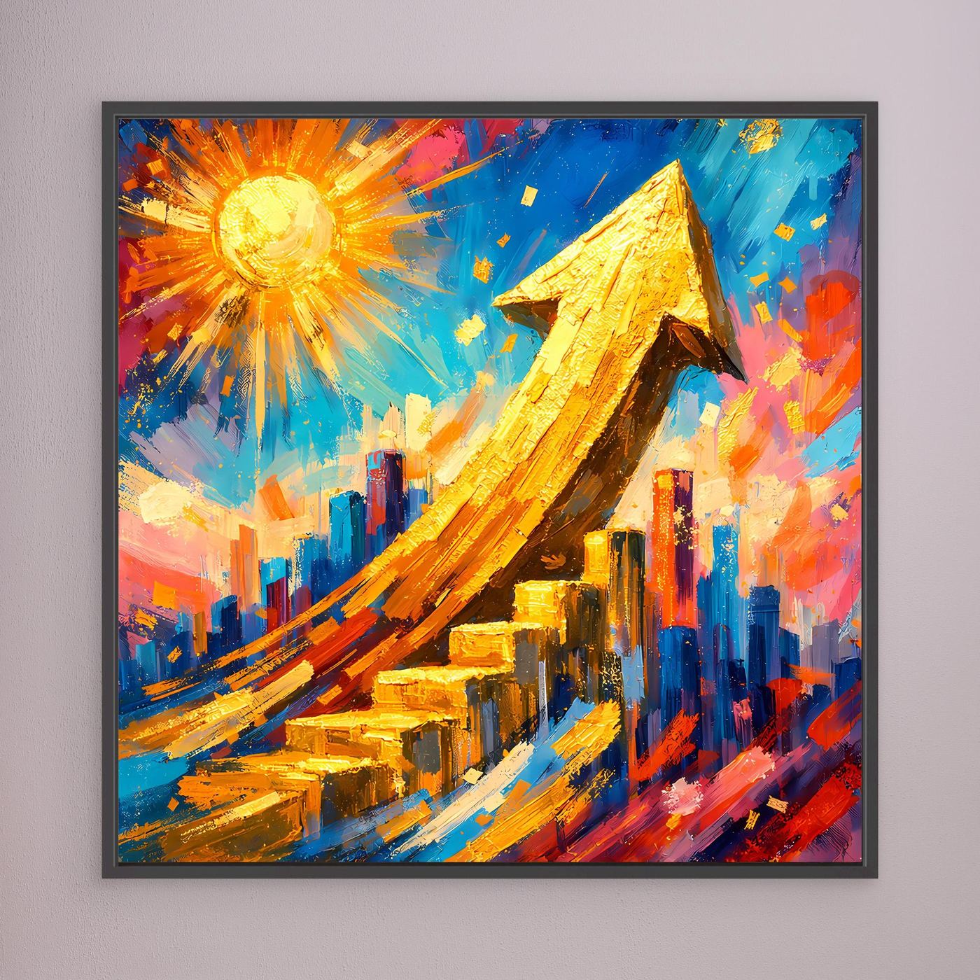 Gerahmtes Leinwandbild mit goldener Pfeil-Skyline und kräftigen Farbflächen