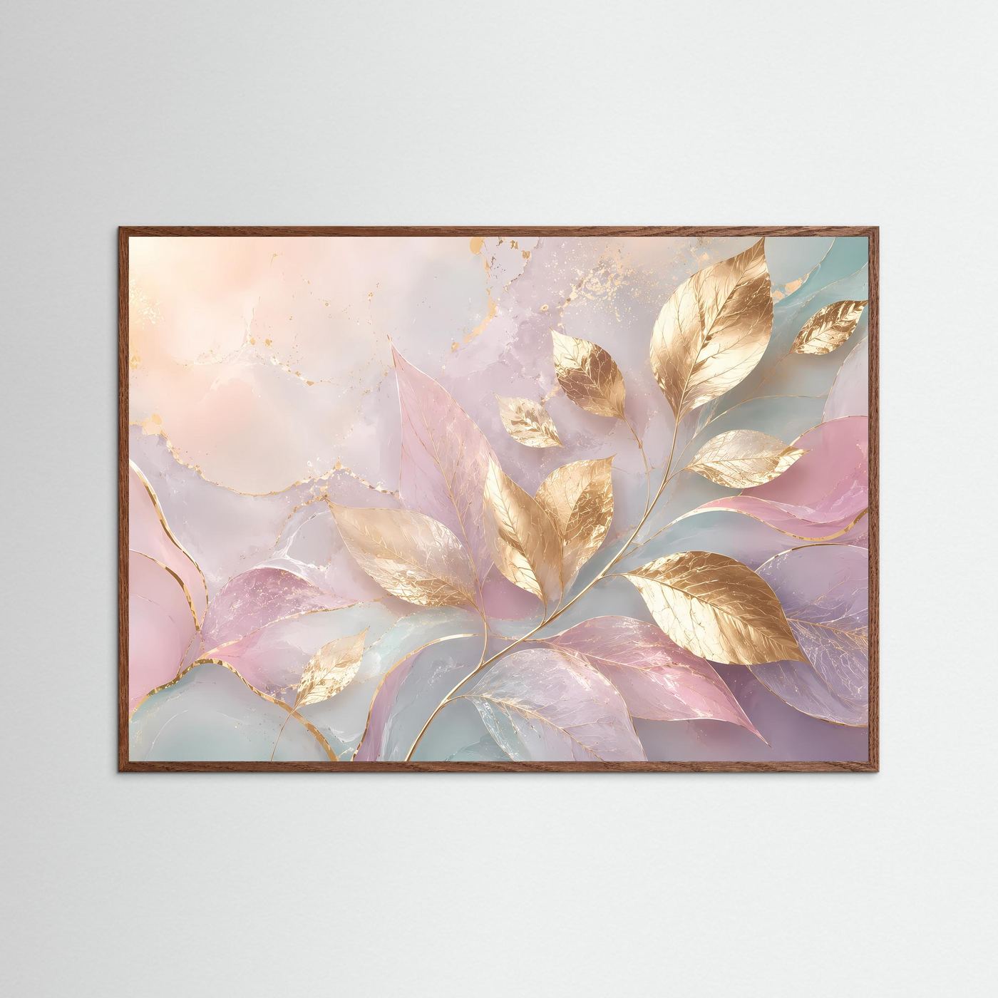 Goldene Blätter Poster | Pastell Wandkunst mit Gold | Elegante Botanische Abstrakte Kunst | Modernes Natur Wandbild