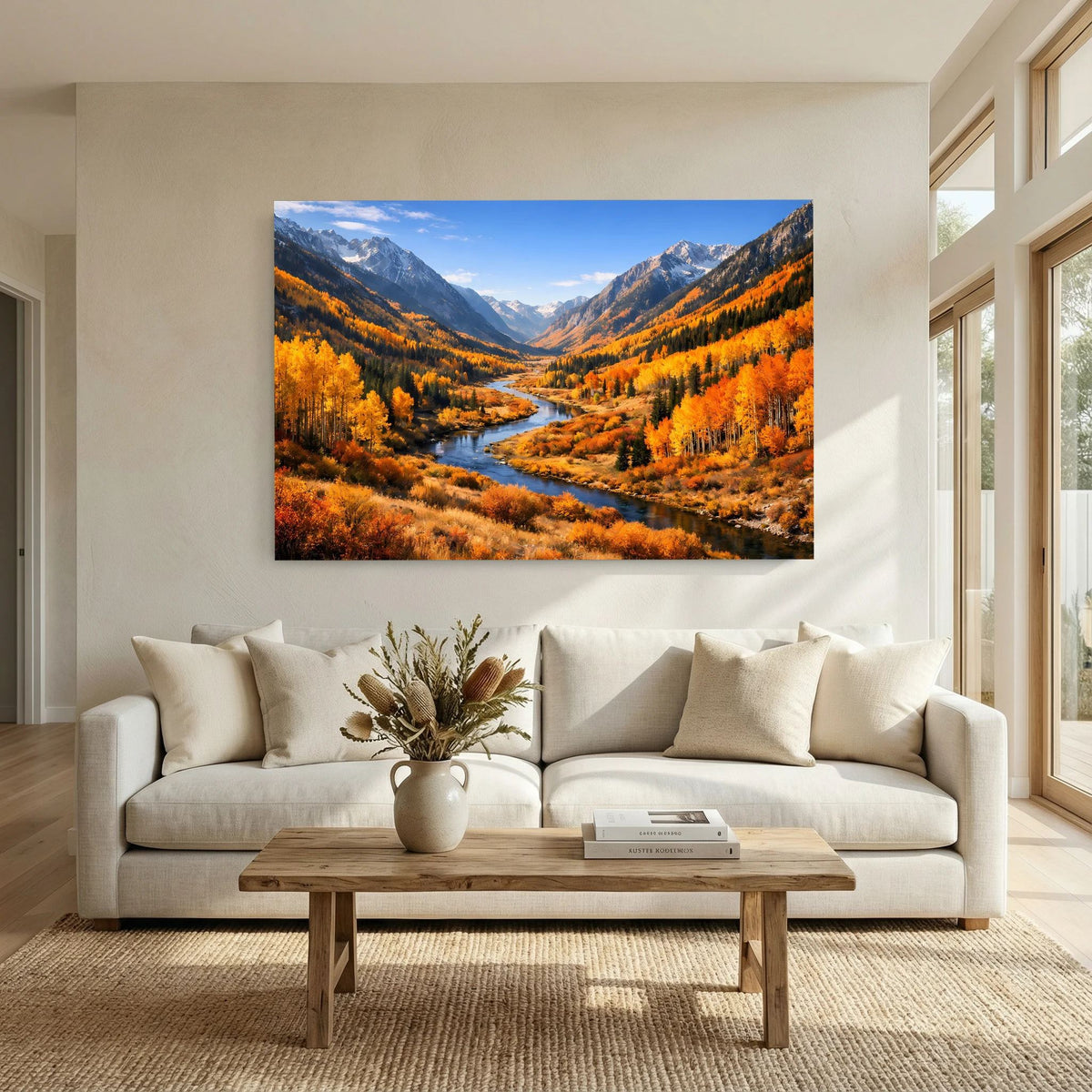 Wandposter querformat mit Fluss im Herbst-Bergtal, orangefarbene Bäume und Berge
