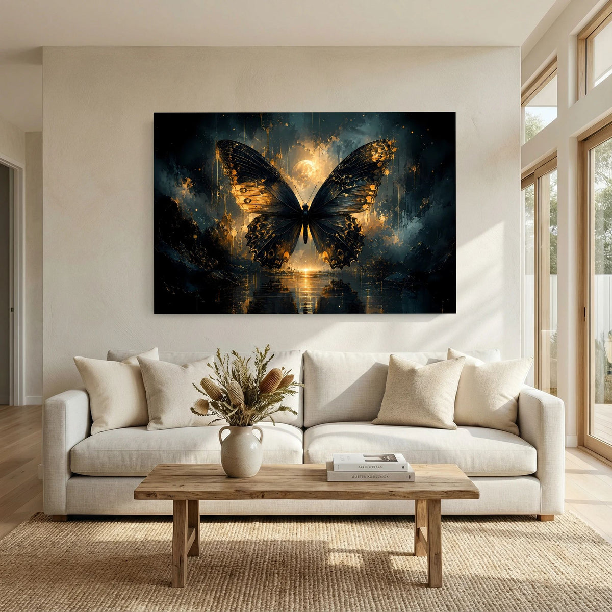 Wandposter mit goldenem Schmetterling auf dunklem Hintergrund, abstraktes Fantasy-Motiv