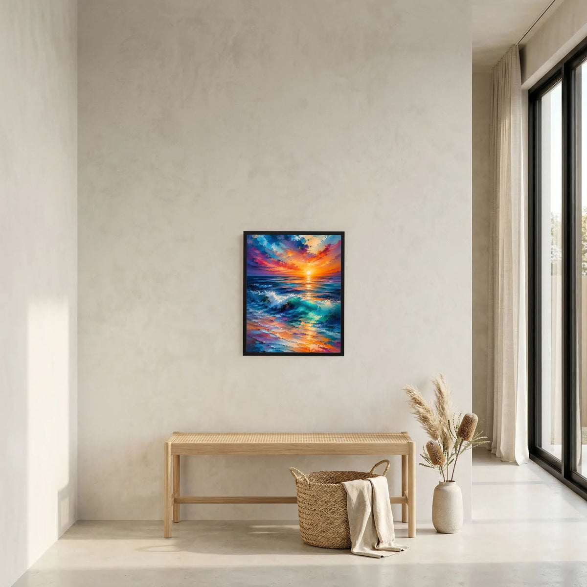 Gerahmtes Hochformat-Poster mit Sonnenuntergang am Meer und bunten Wellen
