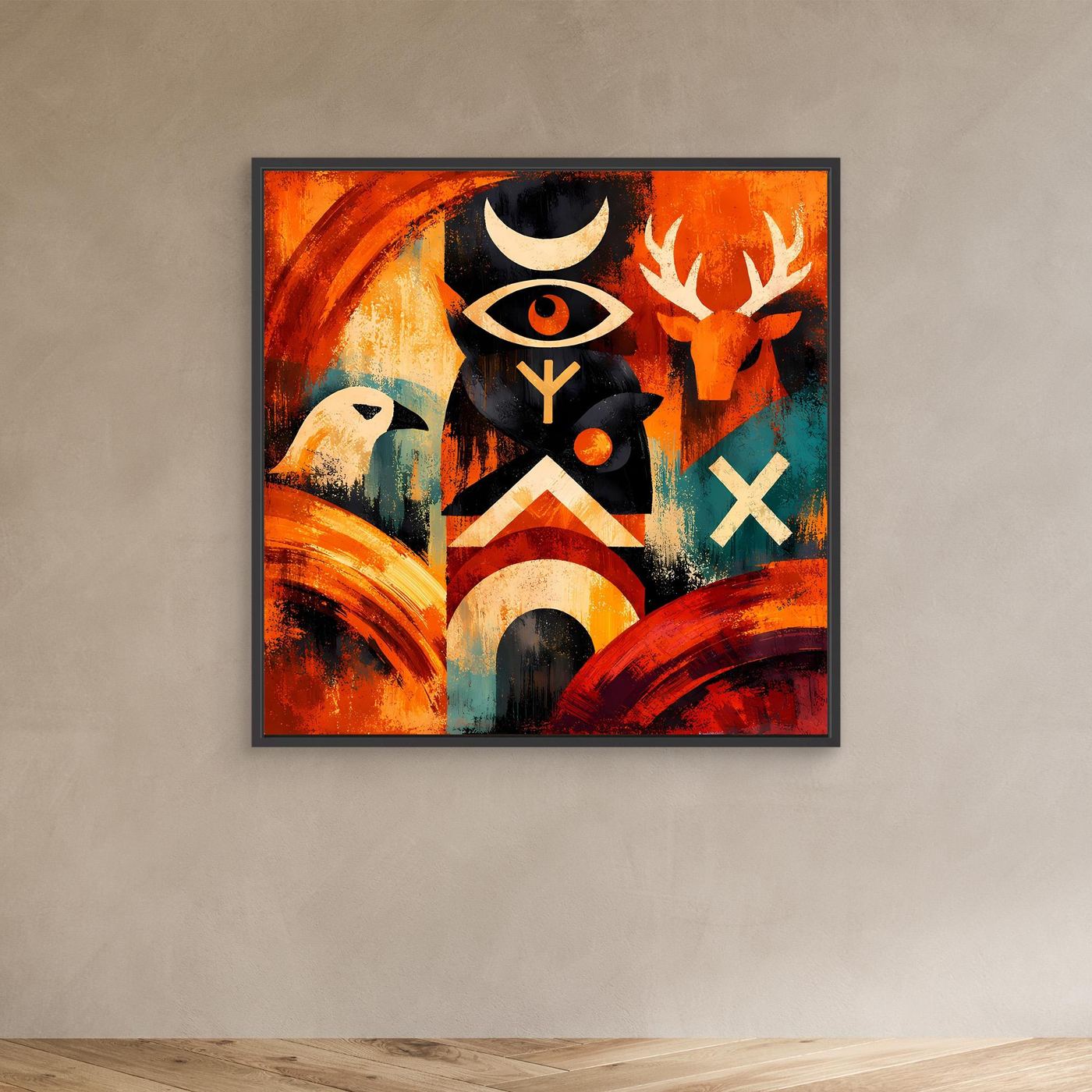 Abstraktes Leinwandbild mit Totem und Runen, Auge und Hörnern; kräftige Farben
