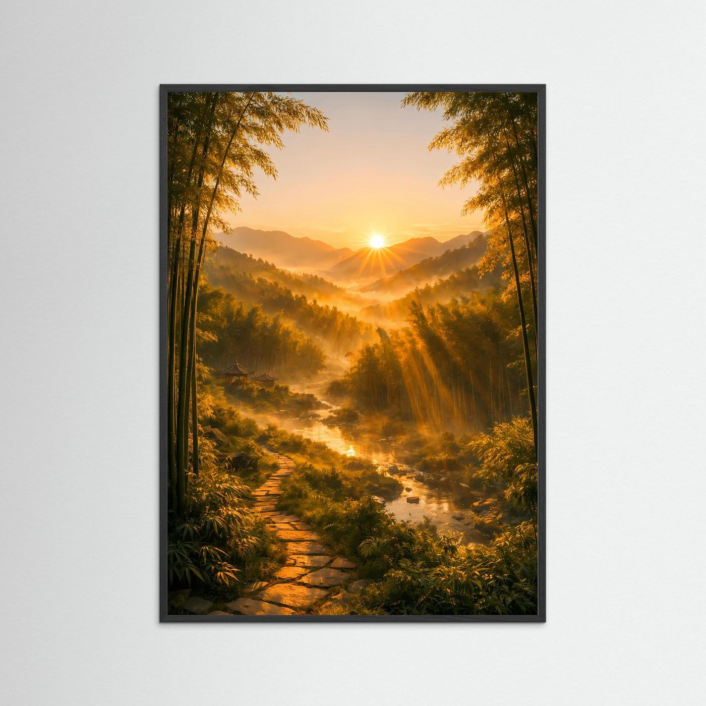 Gerahmtes Hochformat-Landschaftsposter mit Bambuswald und Sonnenaufgang im Tal