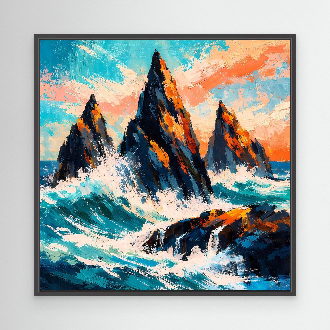Wandbild mit abstrakten Felsen in der Brandung, türkis-orangen Farben, schwarzer Rahmen