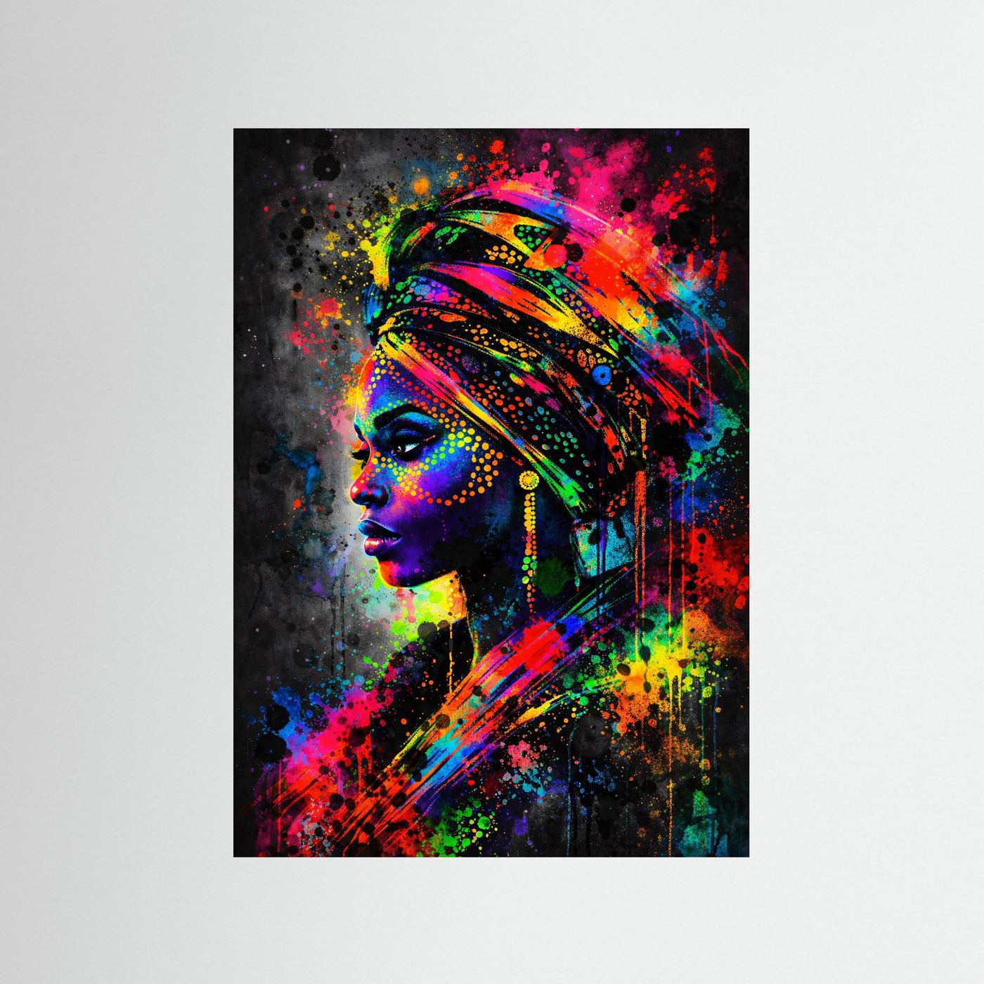 Pop-Art-Porträtposter mit Kopfschmuck, neonfarbige Frau im Profil, ohne Rahmen