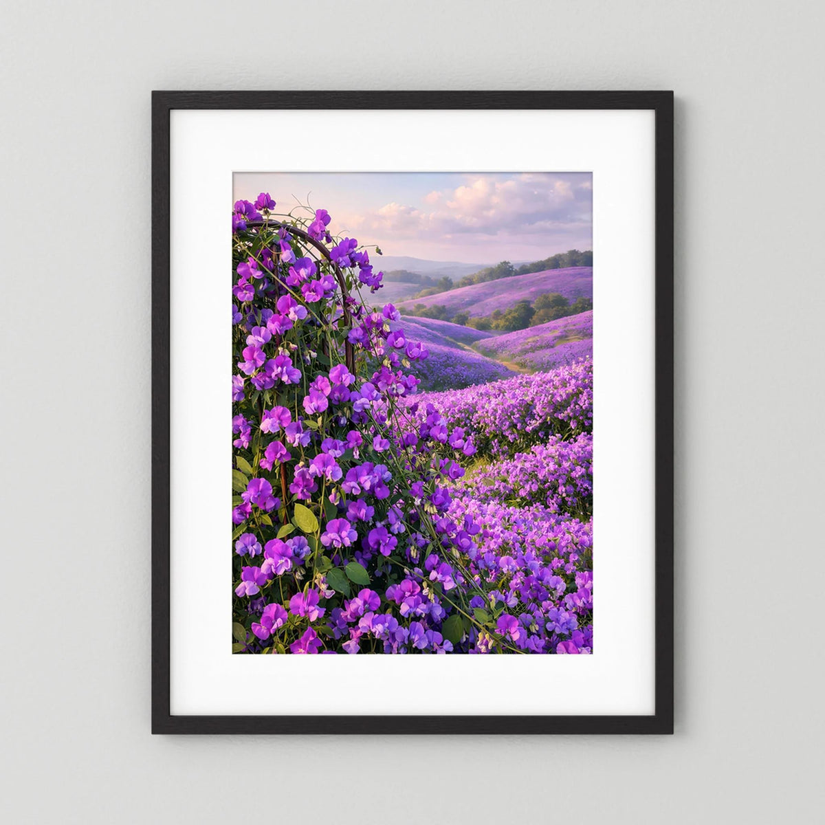 Wandbild im Hochformat mit schwarzem Rahmen und weißem Passepartout