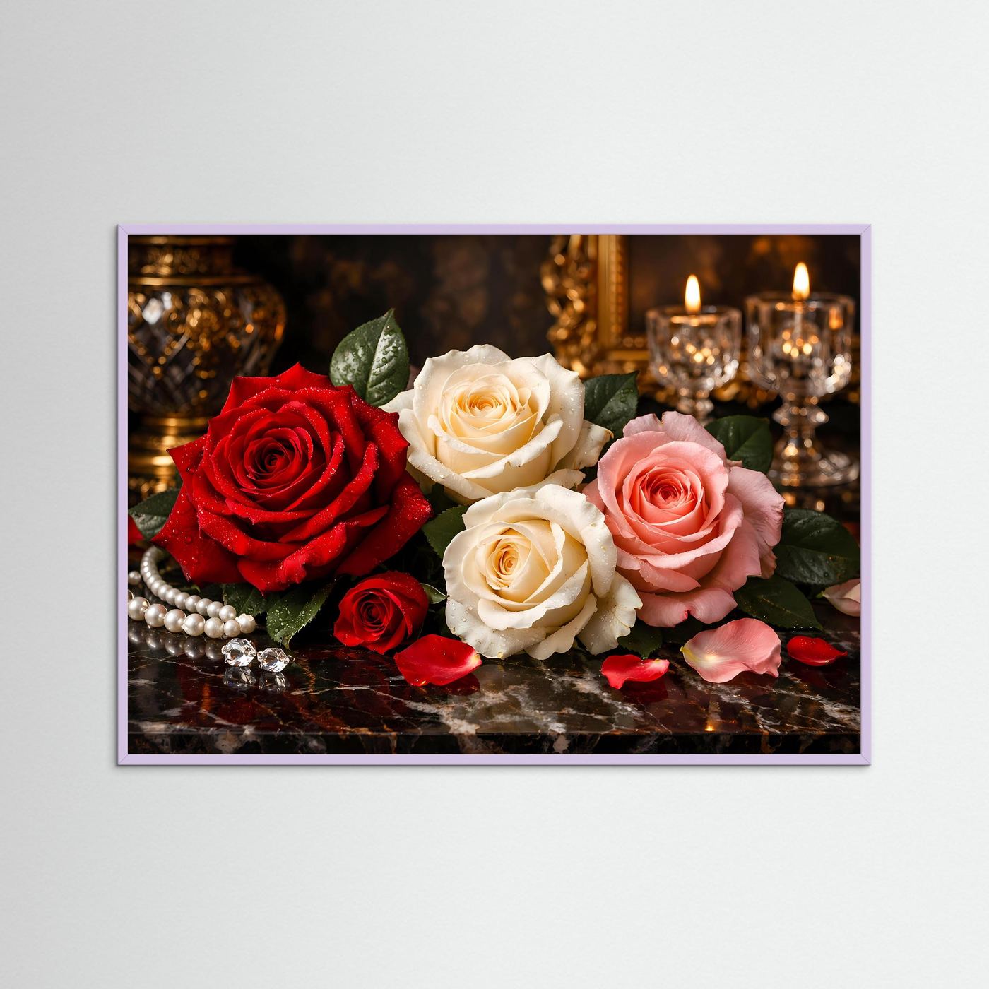 Blumenposter mit Rosen (rot, weiß, rosa), Kerzen und Perlen; lila Rahmen
