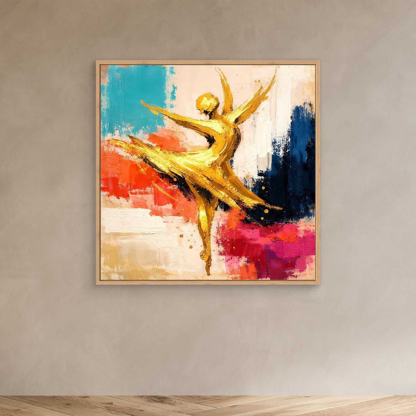 Abstraktes Leinwand-Wandbild mit goldener Ballerina in beigem Rahmen, Blau-Rot-Akzenten