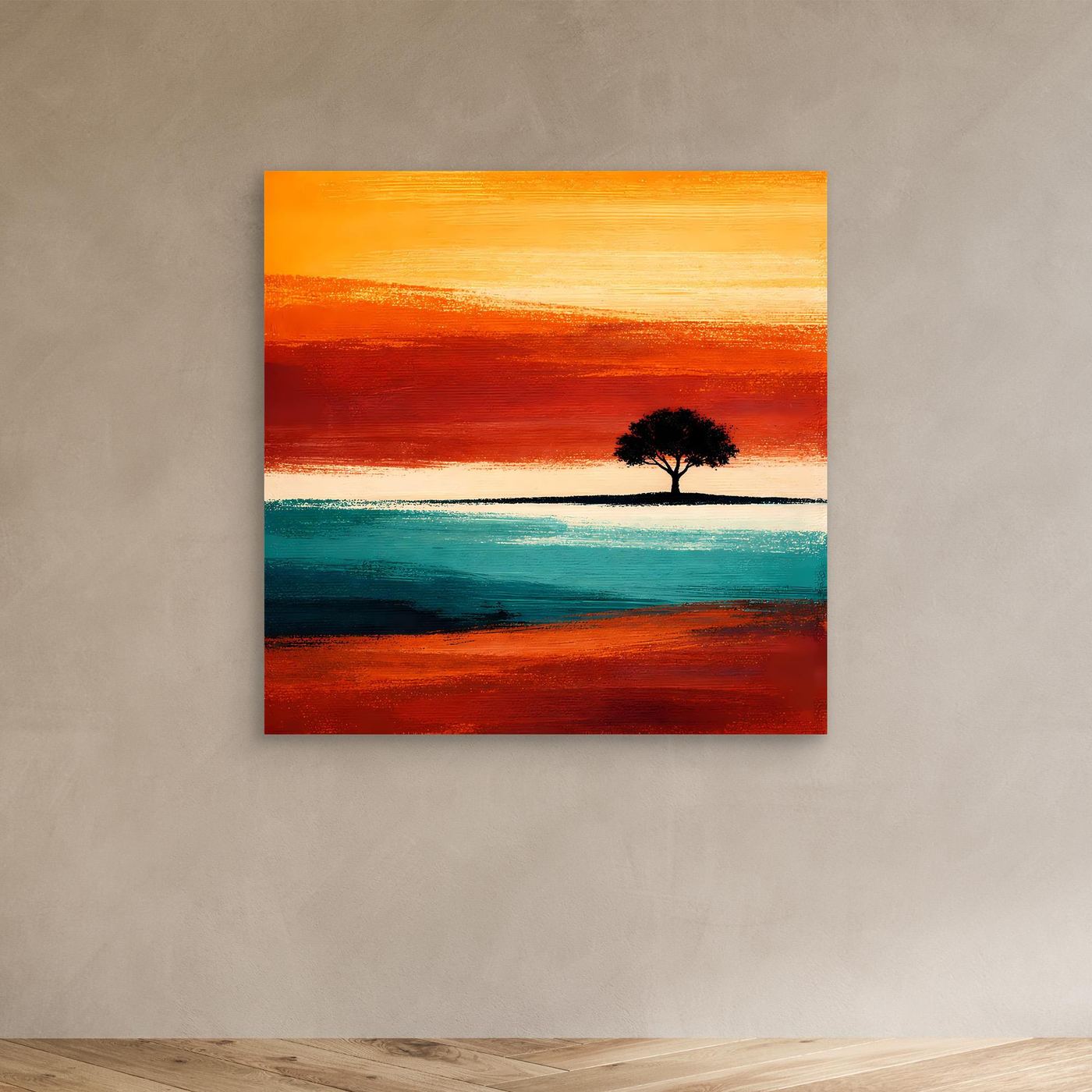 Abstraktes Leinwandbild mit Baum am Horizont in Türkis und Orange, ohne Rahmen