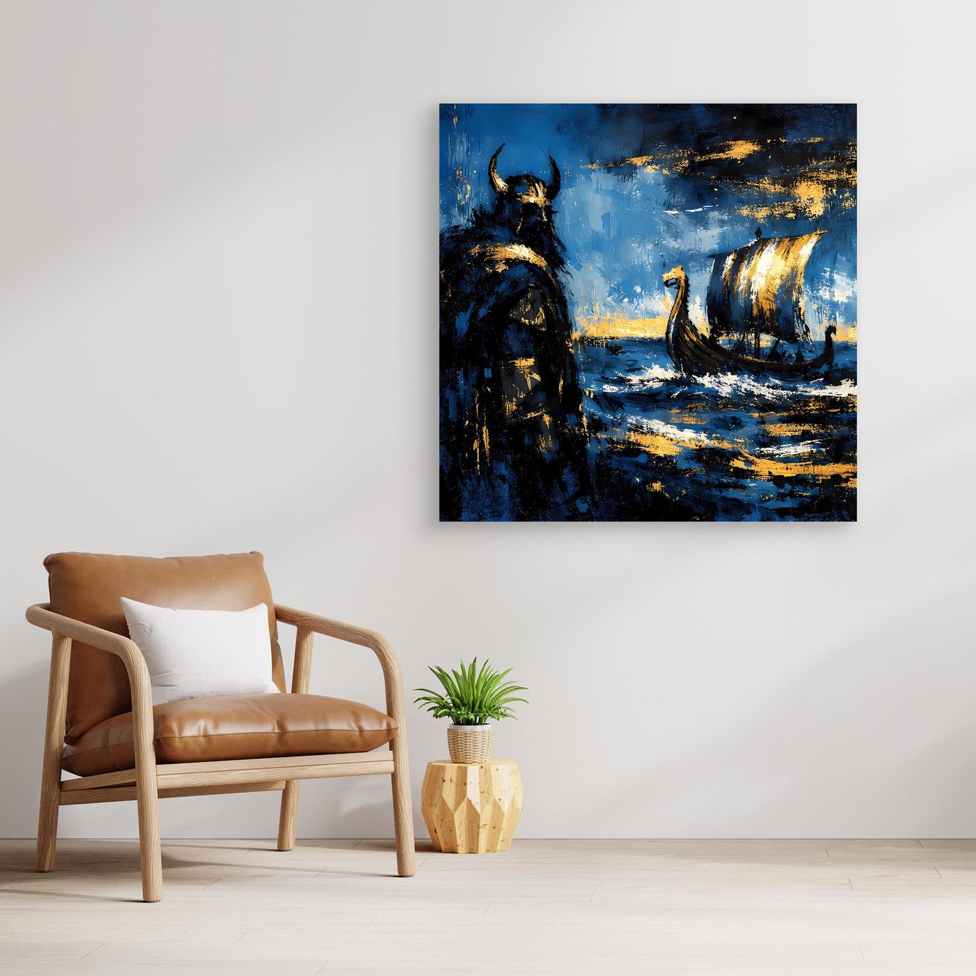 Leinwand Mythischer Wikinger und Langschiff | Abstraktes Nordisches Wandbild