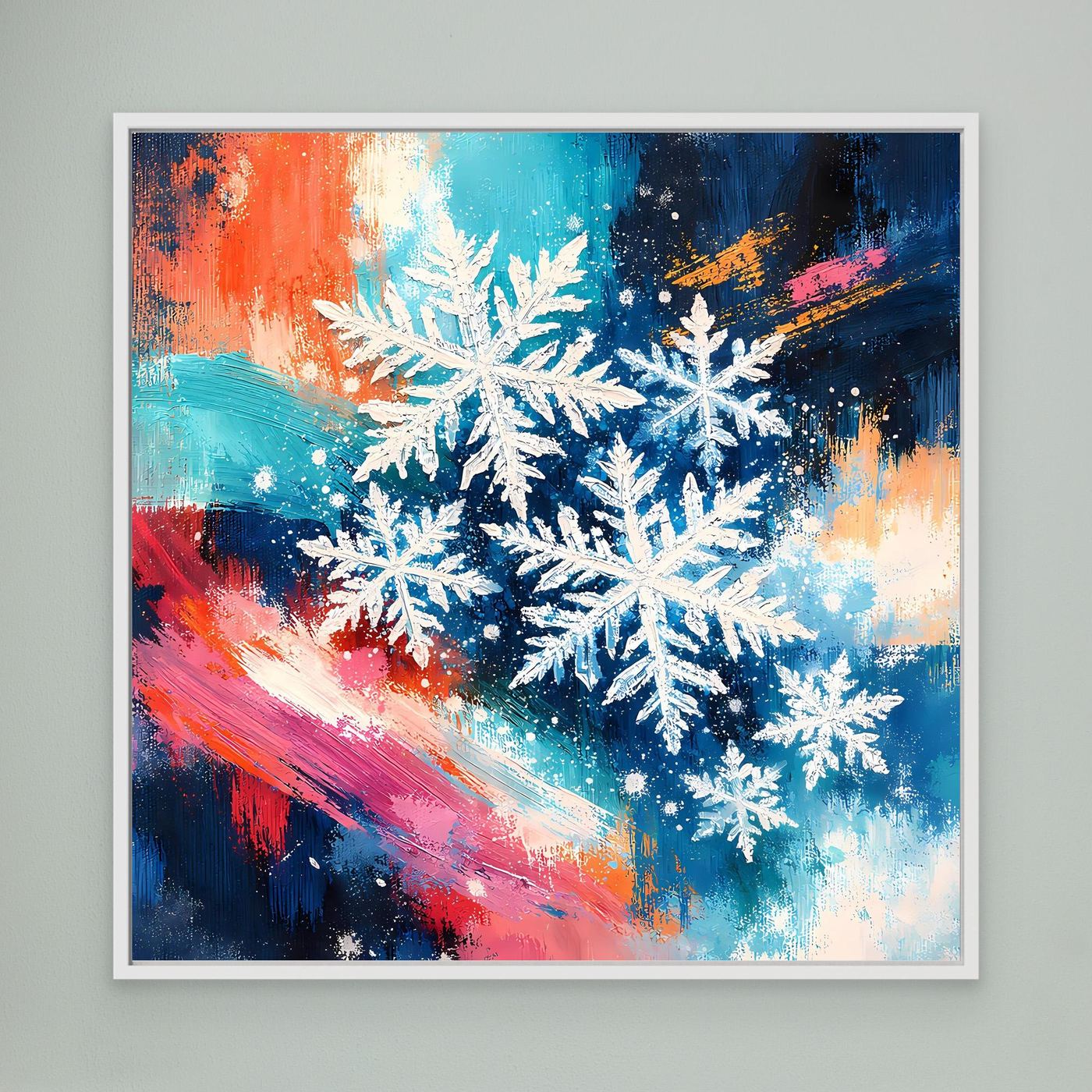 Gerahmtes Leinwandbild mit weißen Schneeflocken auf blau-orangefarbenem abstraktem Motiv